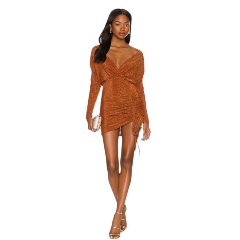 Superdown Genia Off Shoulder Metallic Mini Dress Mocha Long Sleeve Small